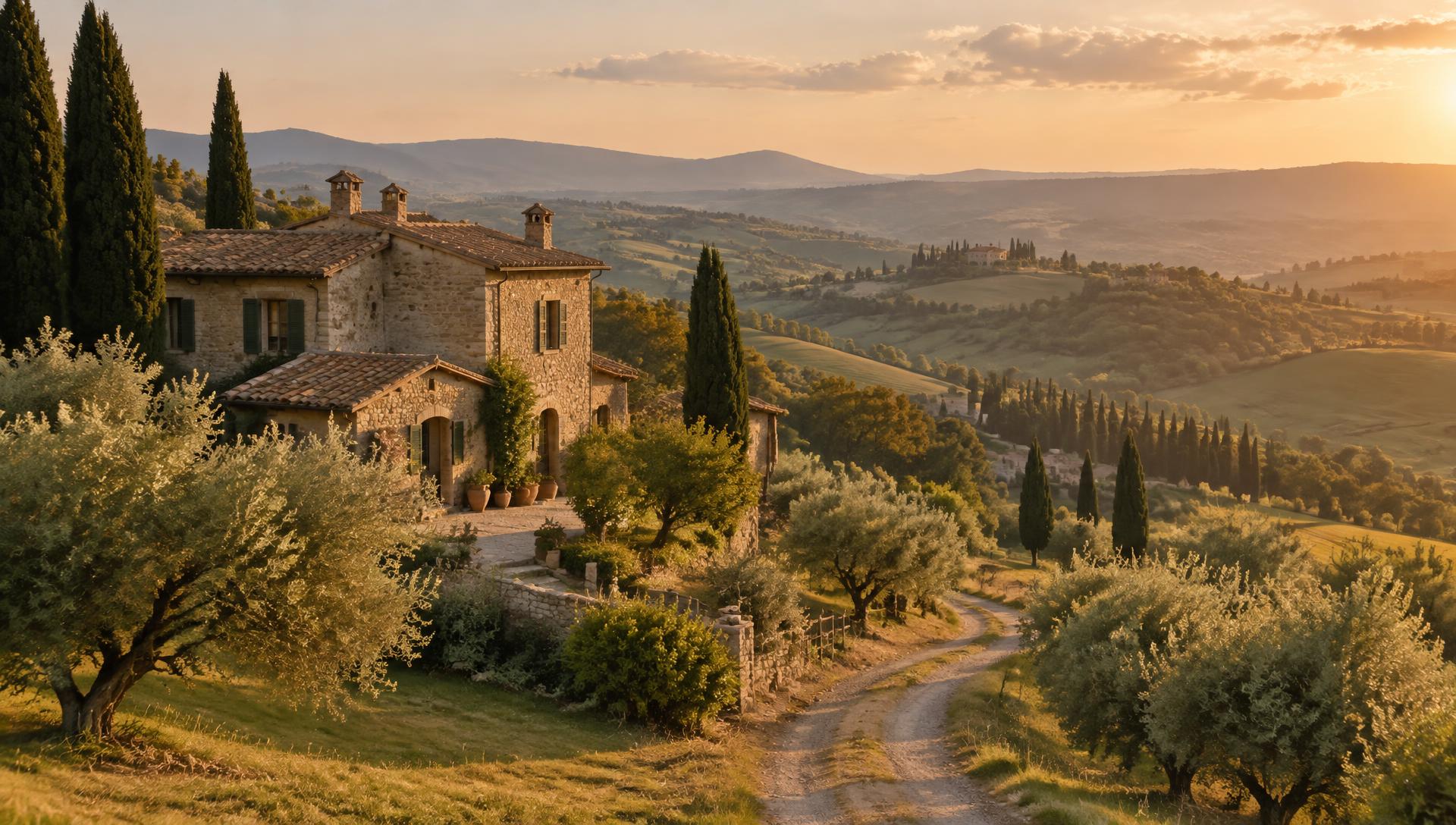 A stone farmhouse in the European countryside at golden hour